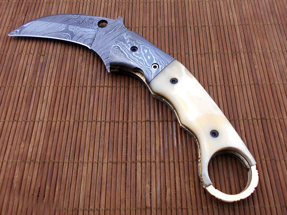 7.5" Damascus steel Karambit folding knife, Black, white and green colors scales with finger hole, Cow Leather sheath included