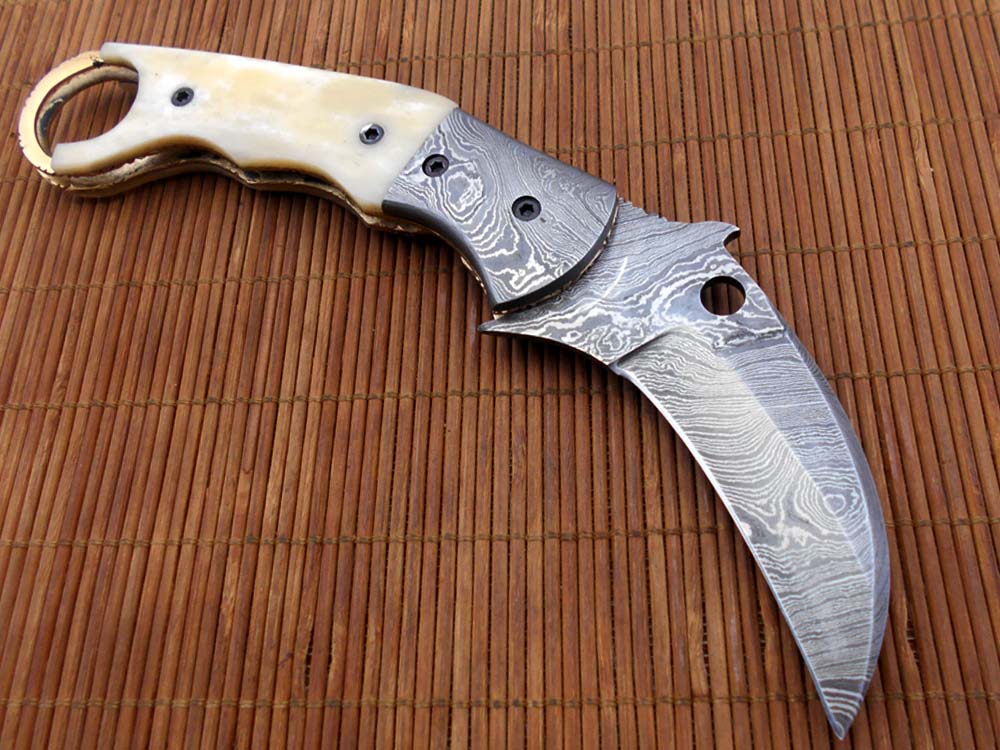 7.5" Damascus steel Karambit folding knife, Black, white and green colors scales with finger hole, Cow Leather sheath included