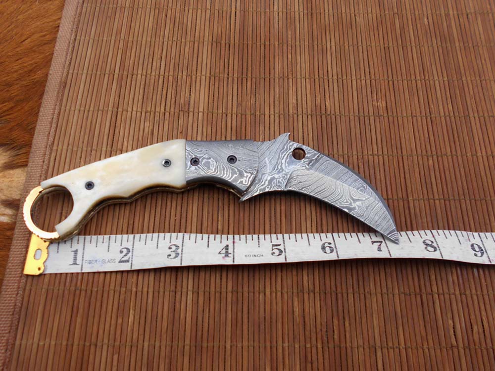 7.5" Damascus steel Karambit folding knife, Black, white and green colors scales with finger hole, Cow Leather sheath included