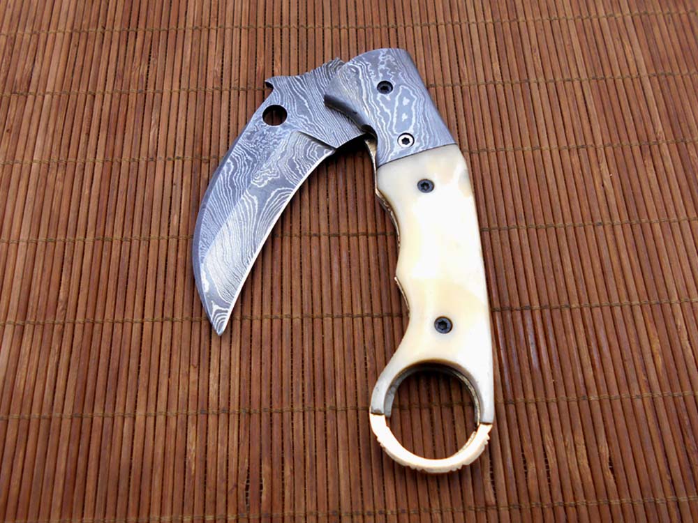 7.5" Damascus steel Karambit folding knife, Black, white and green colors scales with finger hole, Cow Leather sheath included