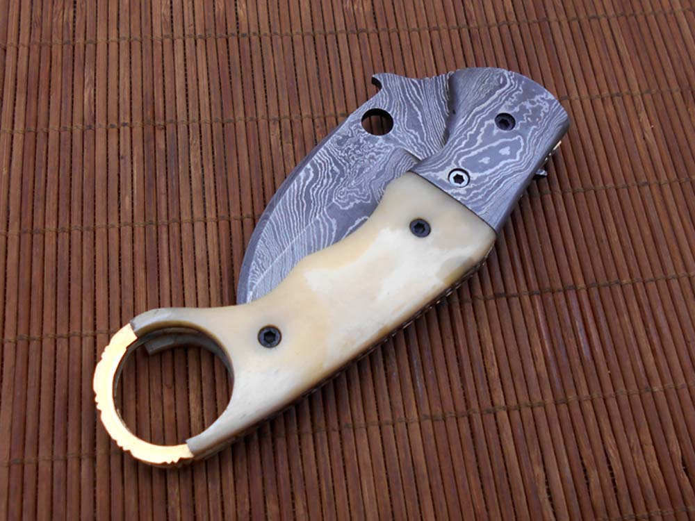 7.5" Damascus steel Karambit folding knife, Black, white and green colors scales with finger hole, Cow Leather sheath included