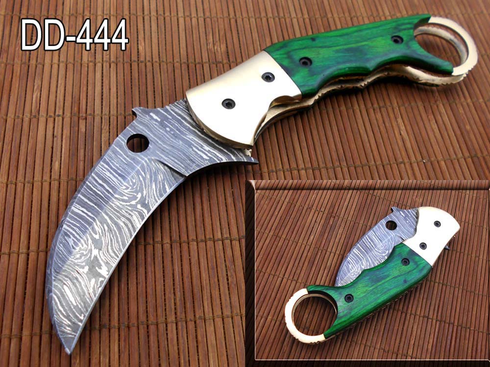 7.5" Damascus steel Karambit folding knife, Black, white and green colors scales with finger hole, Cow Leather sheath included