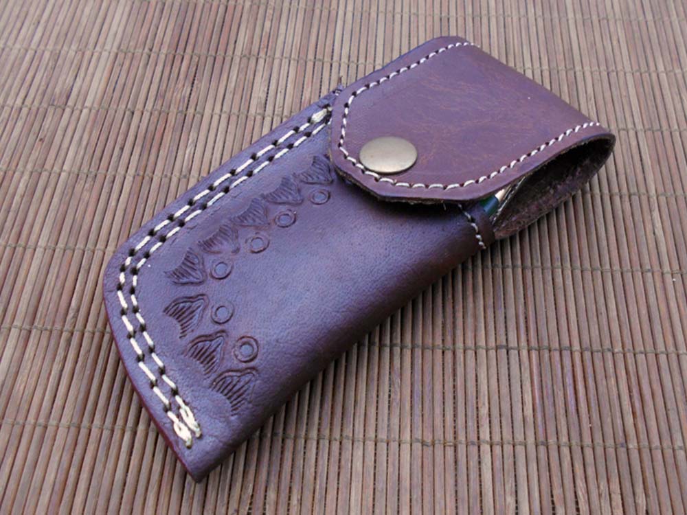 7.5" Damascus steel Karambit folding knife, Black, white and green colors scales with finger hole, Cow Leather sheath included