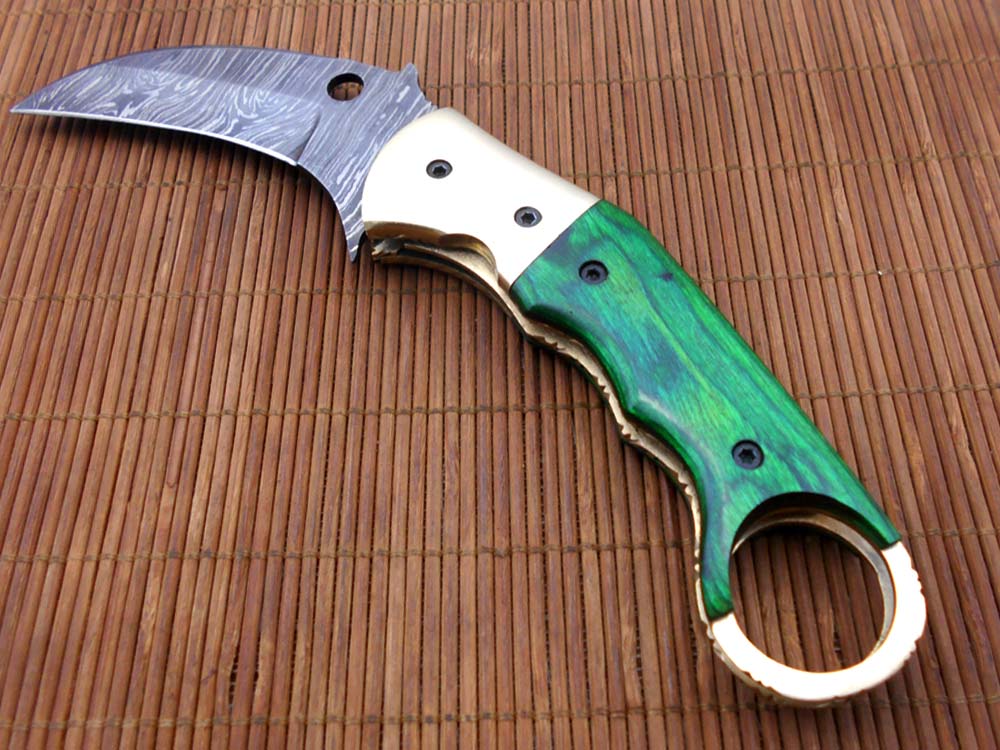 7.5" Damascus steel Karambit folding knife, Black, white and green colors scales with finger hole, Cow Leather sheath included