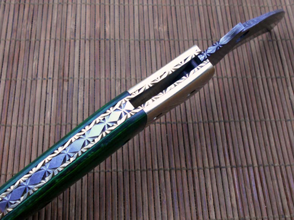 7.5" Damascus steel Karambit folding knife, Black, white and green colors scales with finger hole, Cow Leather sheath included