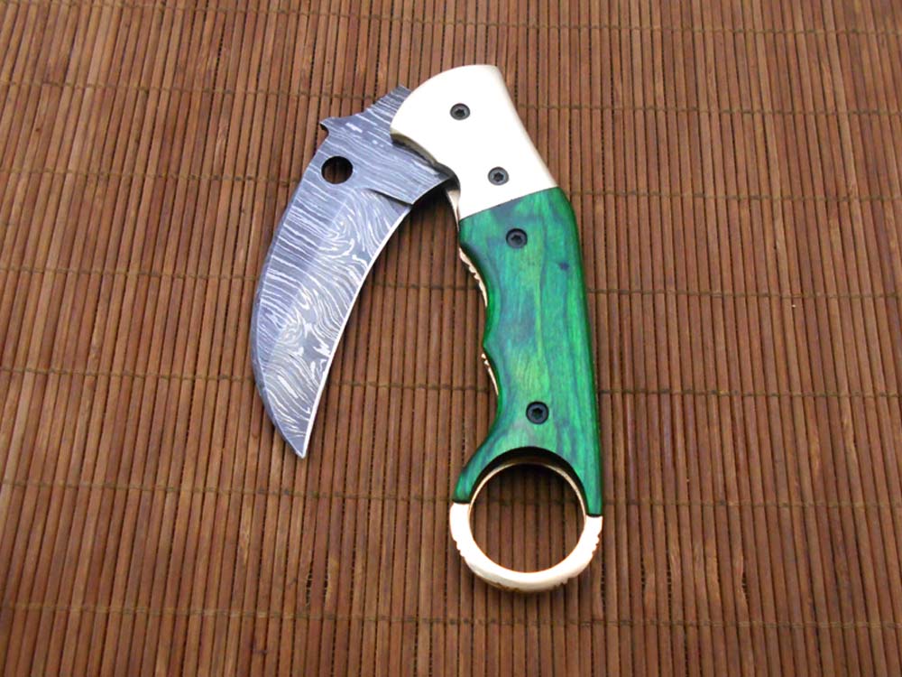 7.5" Damascus steel Karambit folding knife, Black, white and green colors scales with finger hole, Cow Leather sheath included