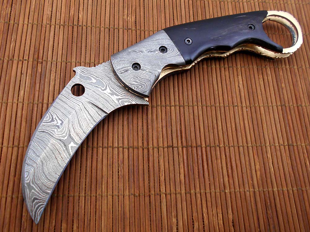7.5" Damascus steel Karambit folding knife, Black, white and green colors scales with finger hole, Cow Leather sheath included
