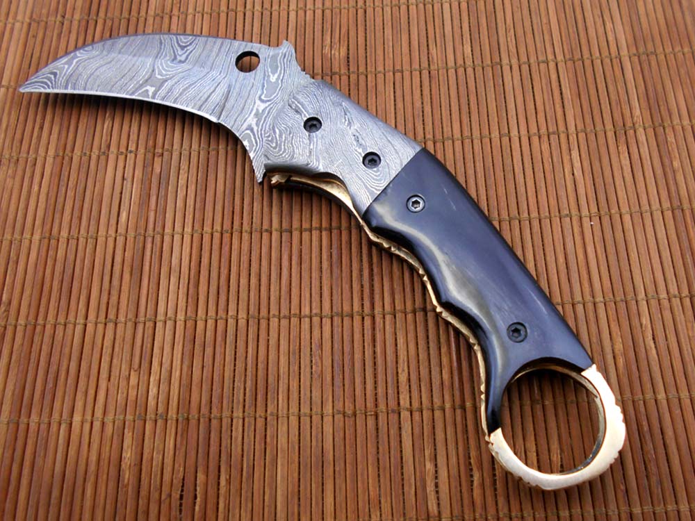 7.5" Damascus steel Karambit folding knife, Black, white and green colors scales with finger hole, Cow Leather sheath included