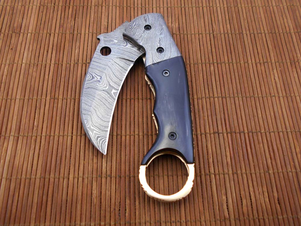 7.5" Damascus steel Karambit folding knife, Black, white and green colors scales with finger hole, Cow Leather sheath included