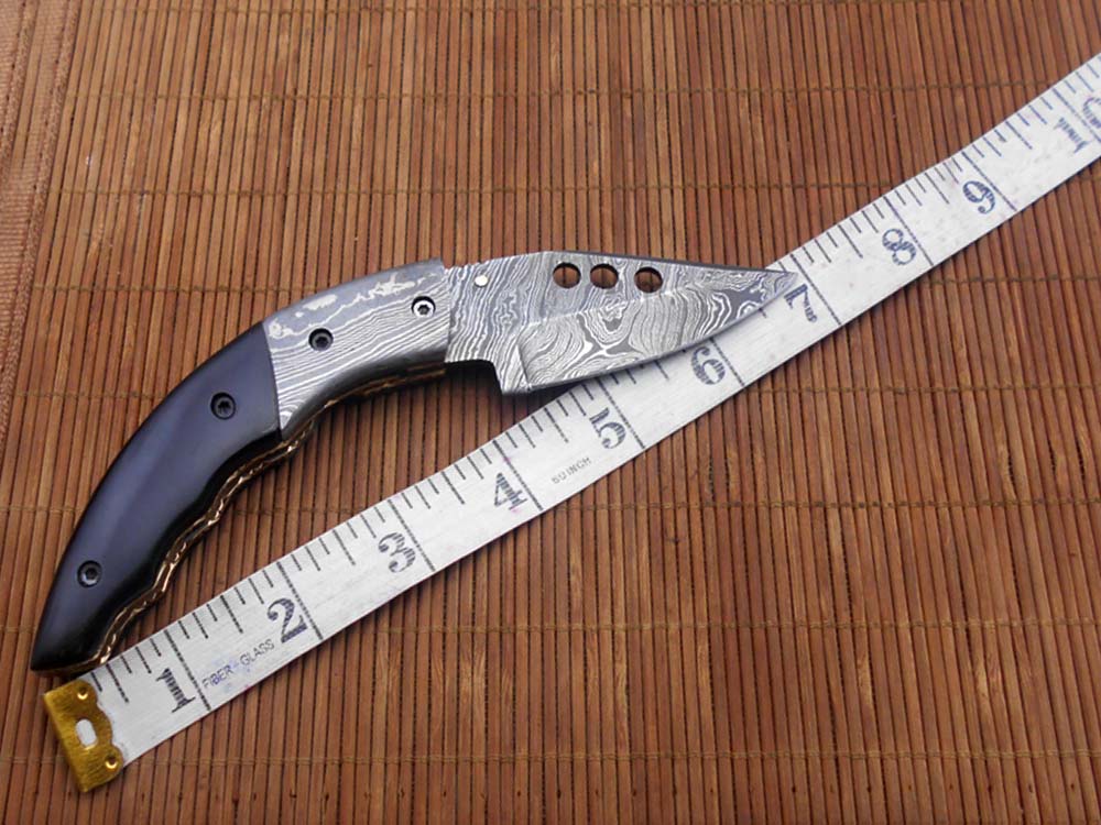 Damascus steel 7" long Folding Knife, Available in 3 scales with bolster, 3" Hand Forged legal blade with 3 inserting holes, Cow hide leather sheath included