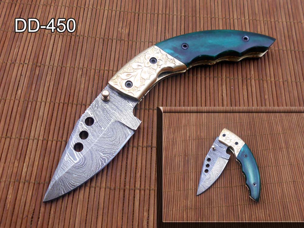 Damascus steel 7" long Folding Knife, Available in 3 scales with bolster, 3" Hand Forged legal blade with 3 inserting holes, Cow hide leather sheath included