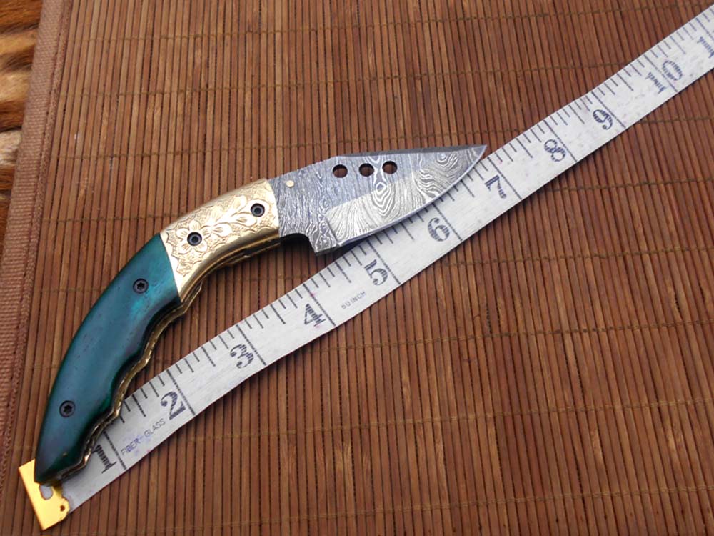 Damascus steel 7" long Folding Knife, Available in 3 scales with bolster, 3" Hand Forged legal blade with 3 inserting holes, Cow hide leather sheath included
