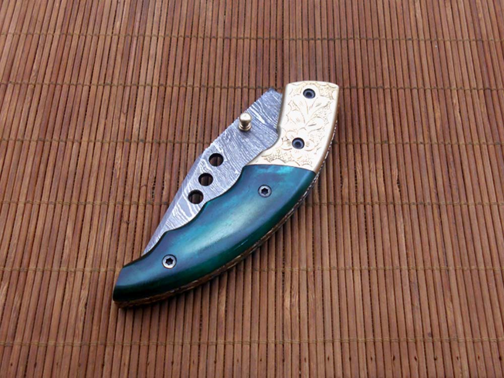 Damascus steel 7" long Folding Knife, Available in 3 scales with bolster, 3" Hand Forged legal blade with 3 inserting holes, Cow hide leather sheath included