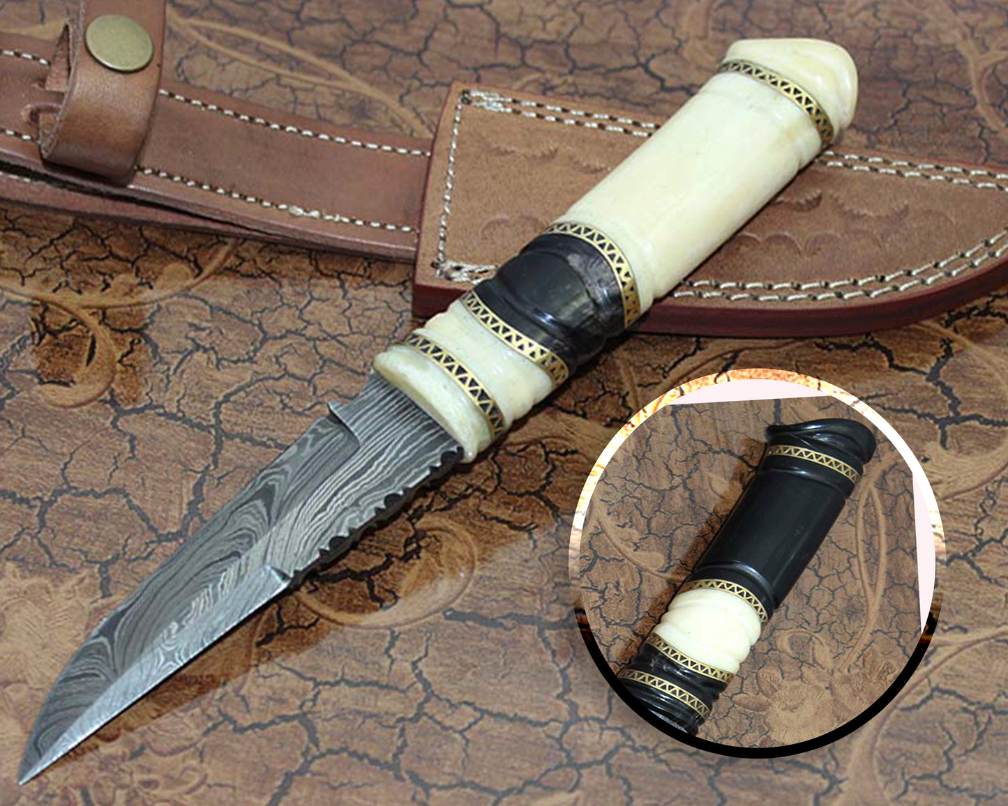 9.5″ Custom made Hand Forged Damascus skinning Knife, hand crafted round scale with engraved brass spacer, Cow hide Leather Sheath included