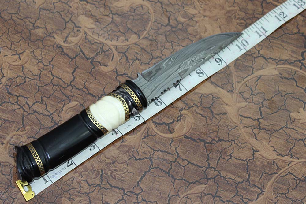 9.5″ Custom made Hand Forged Damascus skinning Knife, hand crafted round scale with engraved brass spacer, Cow hide Leather Sheath included