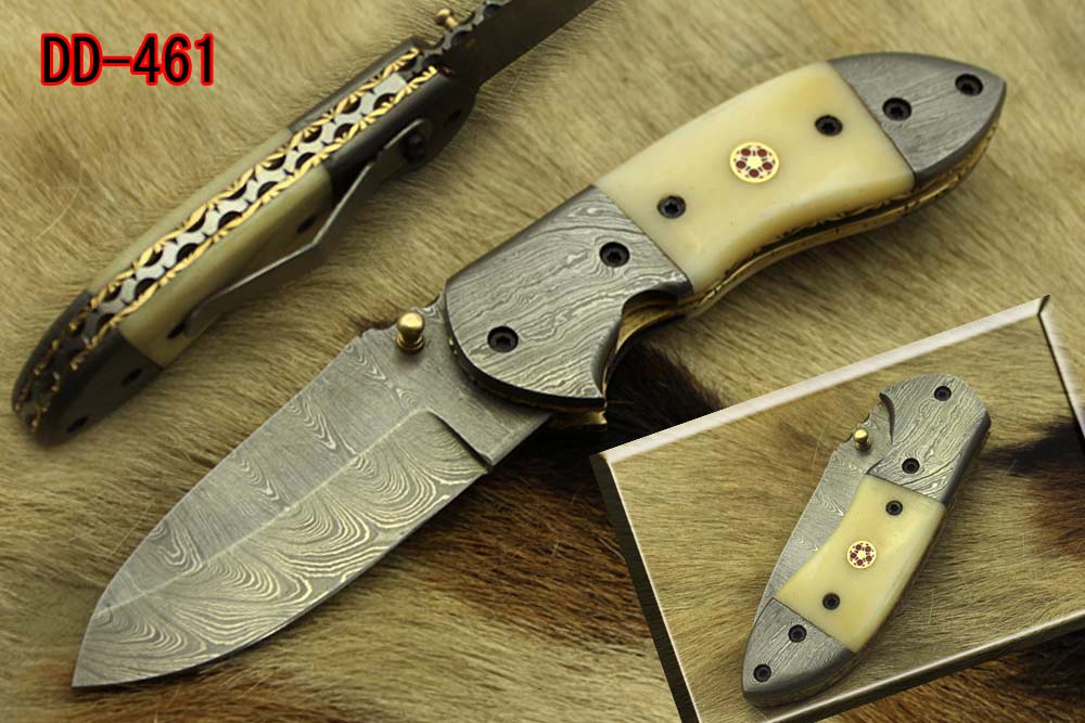 Damascus steel 7" folding knife, liner lock, thumb knob, Cow sheath, 4 Colors