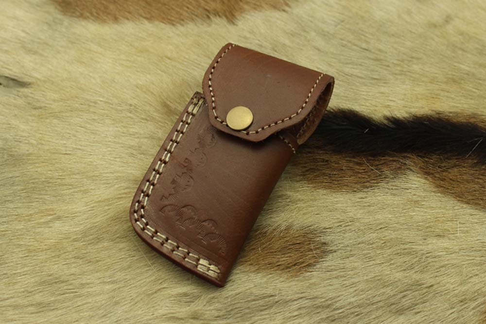 Damascus steel 7" folding knife, liner lock, thumb knob, Cow sheath, 4 Colors