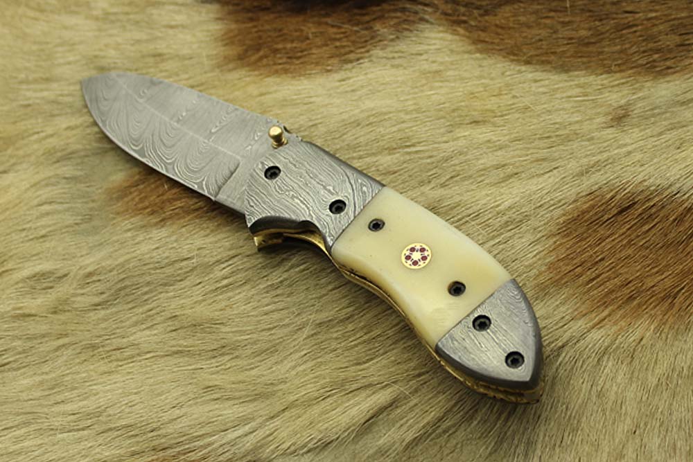 Damascus steel 7" folding knife, liner lock, thumb knob, Cow sheath, 4 Colors