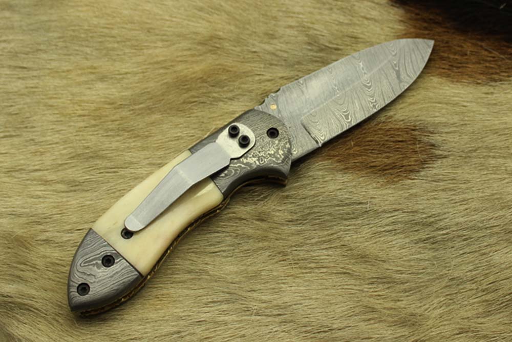 Damascus steel 7" folding knife, liner lock, thumb knob, Cow sheath, 4 Colors