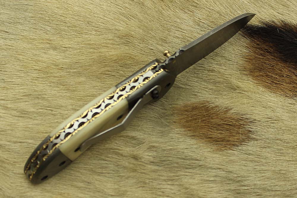 Damascus steel 7" folding knife, liner lock, thumb knob, Cow sheath, 4 Colors