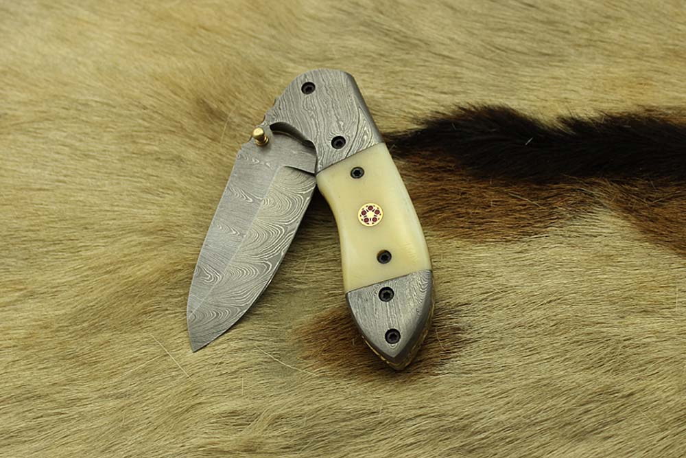 Damascus steel 7" folding knife, liner lock, thumb knob, Cow sheath, 4 Colors