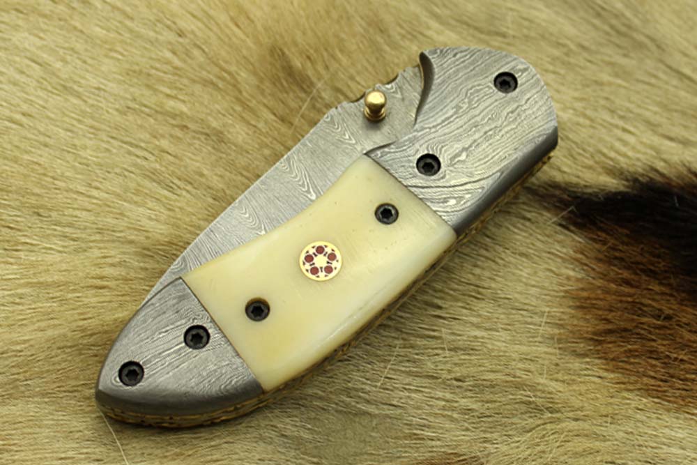 Damascus steel 7" folding knife, liner lock, thumb knob, Cow sheath, 4 Colors