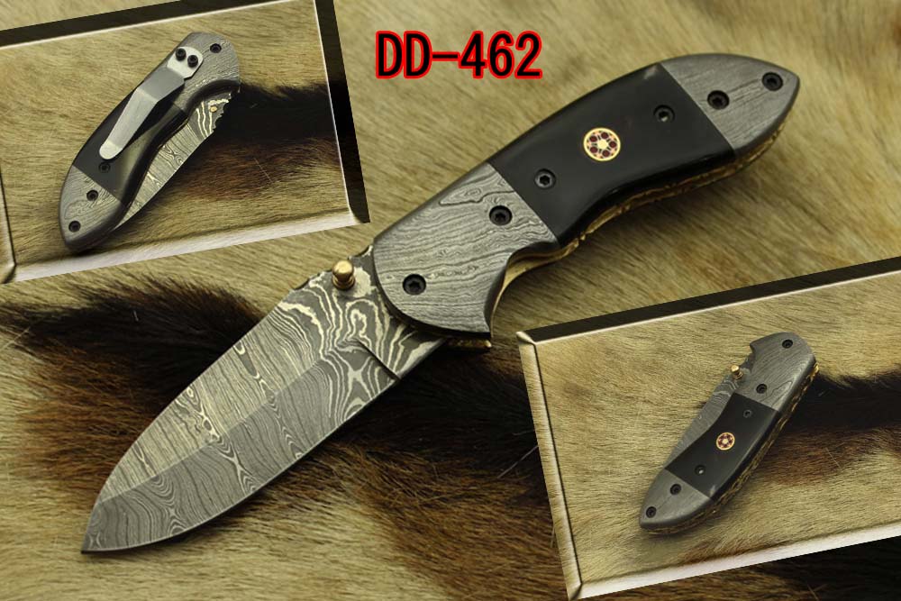 Damascus steel 7" folding knife, liner lock, thumb knob, Cow sheath, 4 Colors