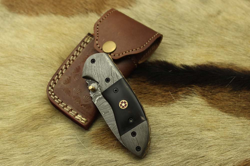 Damascus steel 7" folding knife, liner lock, thumb knob, Cow sheath, 4 Colors