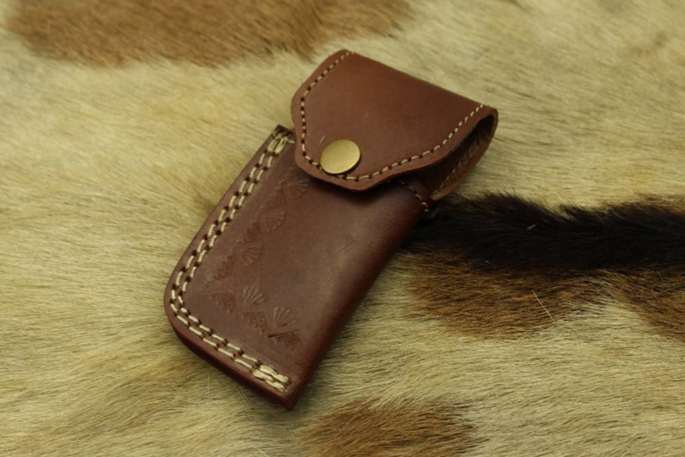 Damascus steel 7" folding knife, liner lock, thumb knob, Cow sheath, 4 Colors