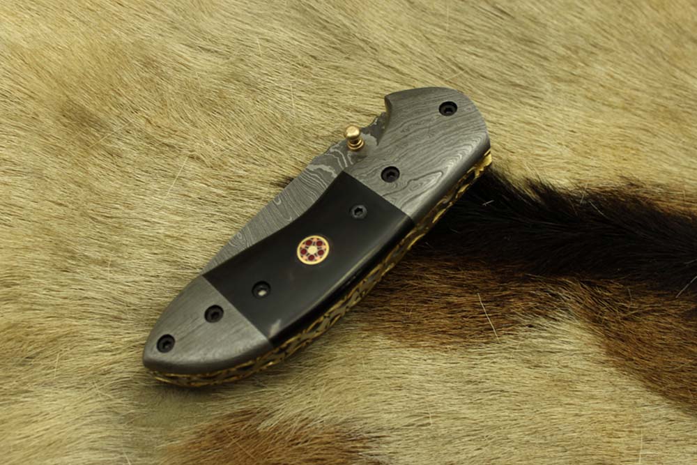 Damascus steel 7" folding knife, liner lock, thumb knob, Cow sheath, 4 Colors