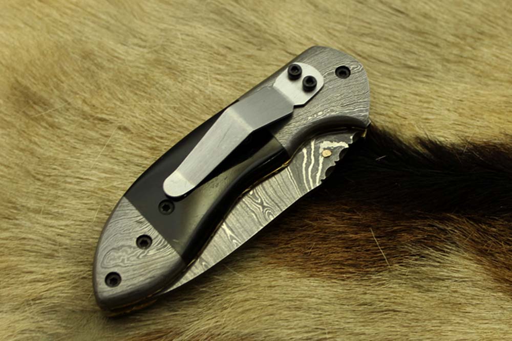 Damascus steel 7" folding knife, liner lock, thumb knob, Cow sheath, 4 Colors