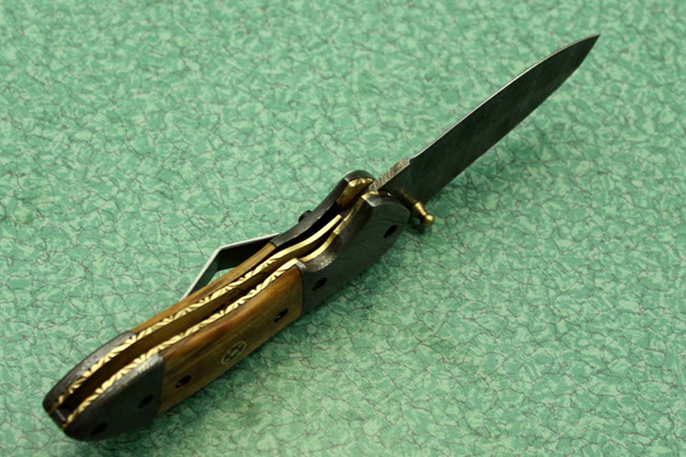Damascus steel 7" folding knife, liner lock, thumb knob, Cow sheath, 4 Colors