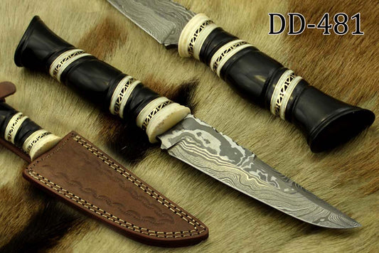 10.5" Long Damascus Steel Knife Hand Forged, Sliced Camel Bone & Bull Horn with Engraved Brass Spacer Hand Crafted Round Scale, Cow Hide Leather Sheath