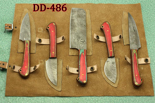 7.5" Damascus folding knife with Damascus bolster on both edges with thumb knob & liner lock equipped, Available in 4 scales, Cow hide leather sheath with belt loop included