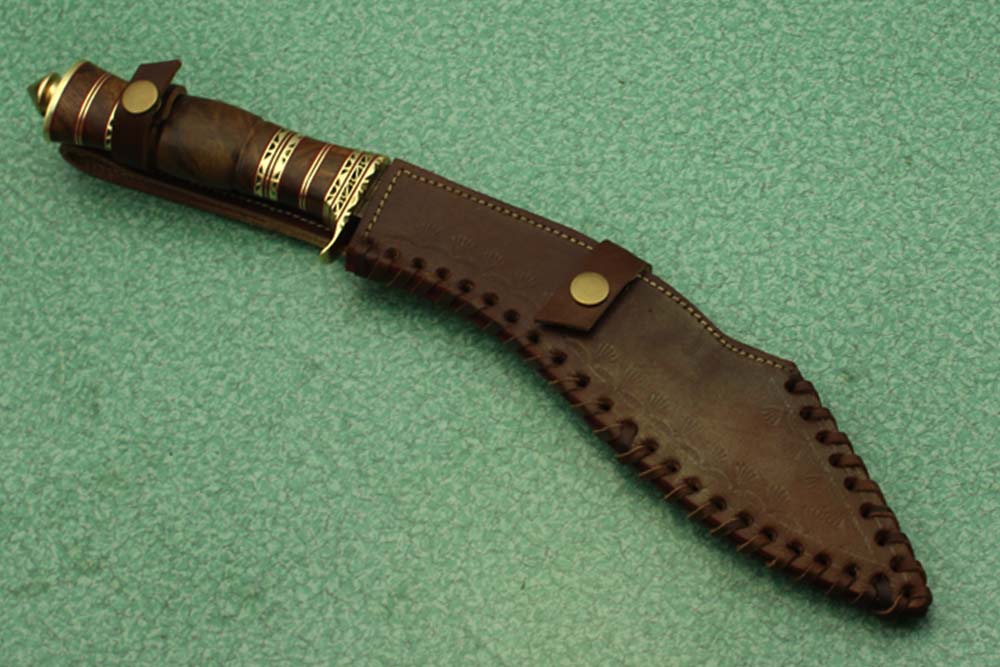 15 Inches long Damascus Steel Kukri Knife, custom made Hand Forged Damascus steel With 10" long blade, Black Bull horn crafted with engraved brass scale, Cow Leather Sheath