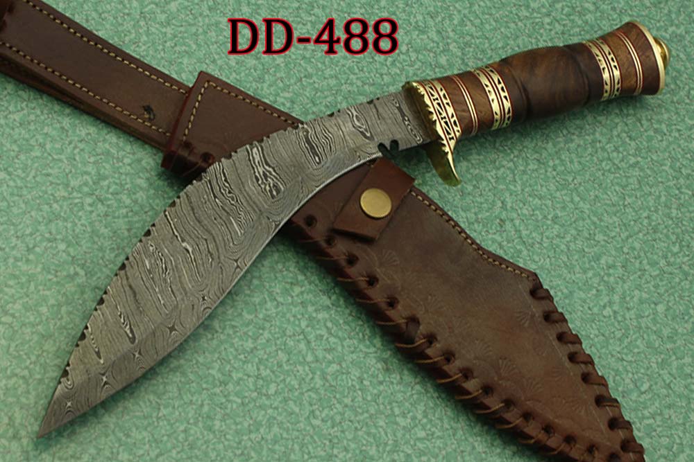 15 Inches long Damascus Steel Kukri Knife, custom made Hand Forged Damascus steel With 10" long blade, Black Bull horn crafted with engraved brass scale, Cow Leather Sheath