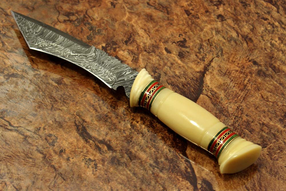 11" Long hand forged Damascus steel Tanto blade Hunting knife, exotic Hand crafted rose wood scale with engraved brass & green fiber spacer, Cow hide Leather sheath with belt loop