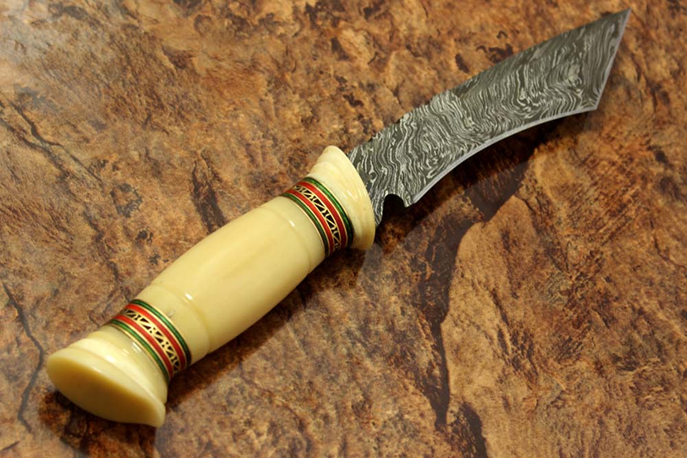 11" Long hand forged Damascus steel Tanto blade Hunting knife, exotic Hand crafted rose wood scale with engraved brass & green fiber spacer, Cow hide Leather sheath with belt loop