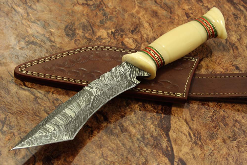 11" Long hand forged Damascus steel Tanto blade Hunting knife, exotic Hand crafted rose wood scale with engraved brass & green fiber spacer, Cow hide Leather sheath with belt loop