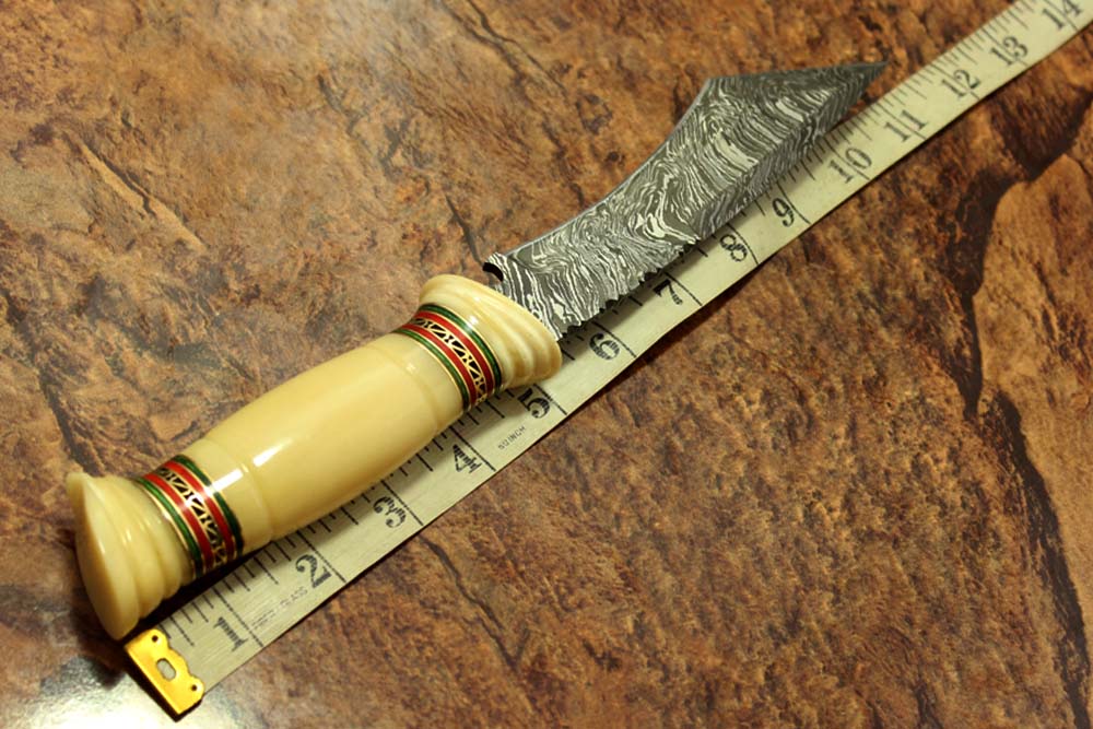 11" Long hand forged Damascus steel Tanto blade Hunting knife, exotic Hand crafted rose wood scale with engraved brass & green fiber spacer, Cow hide Leather sheath with belt loop