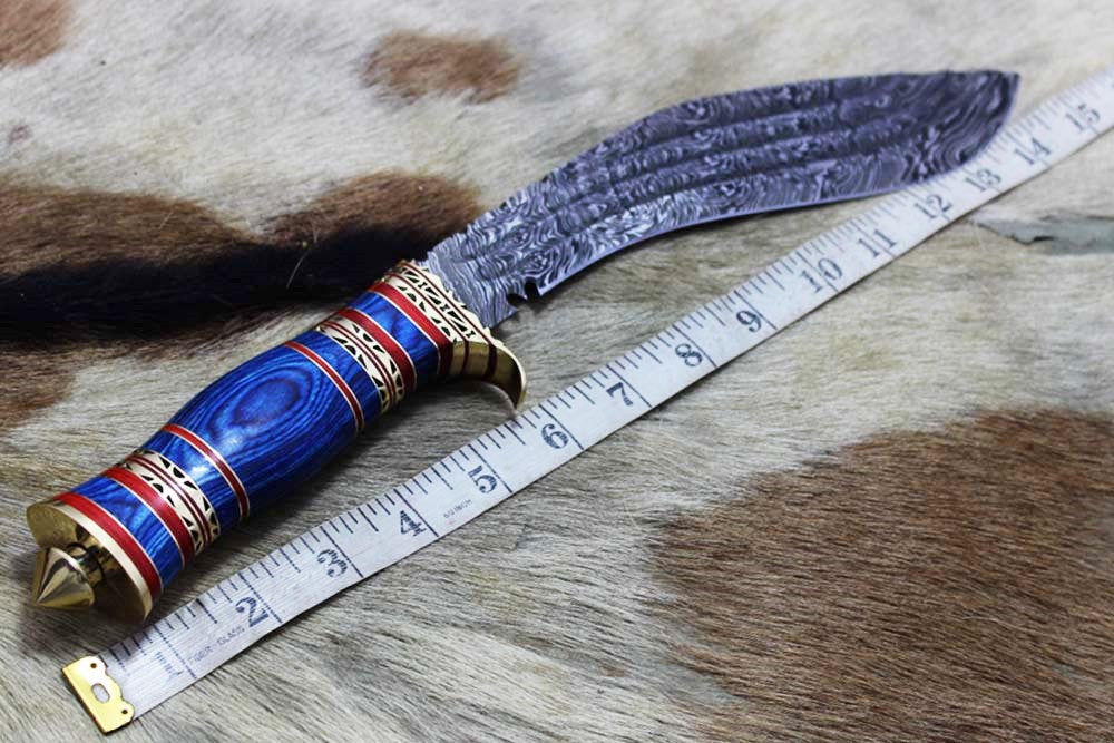 15 Inches long Damascus Steel Kukri Knife, custom made Hand Forged Damascus steel With 10" long blade, Black Bull horn crafted with engraved brass scale, Cow Leather Sheath