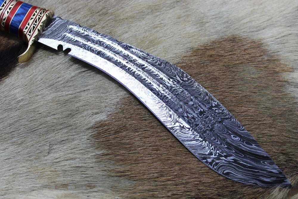 15 Inches long Damascus Steel Kukri Knife, custom made Hand Forged Damascus steel With 10" long blade, Black Bull horn crafted with engraved brass scale, Cow Leather Sheath
