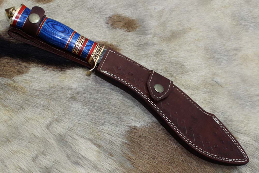15 Inches long Damascus Steel Kukri Knife, custom made Hand Forged Damascus steel With 10" long blade, Black Bull horn crafted with engraved brass scale, Cow Leather Sheath