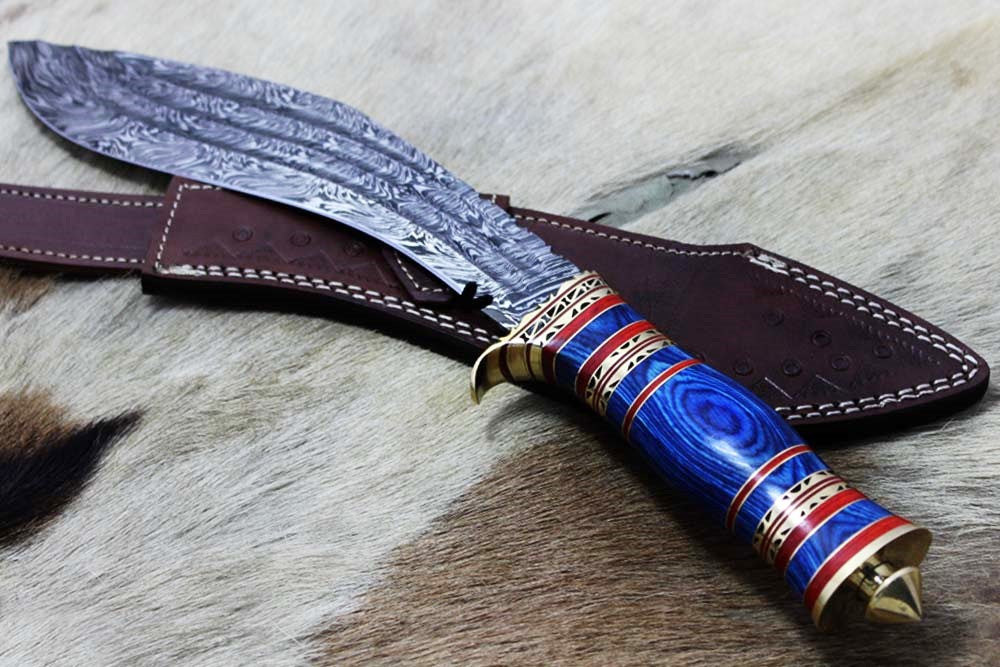 15 Inches long Damascus Steel Kukri Knife, custom made Hand Forged Damascus steel With 10" long blade, Black Bull horn crafted with engraved brass scale, Cow Leather Sheath