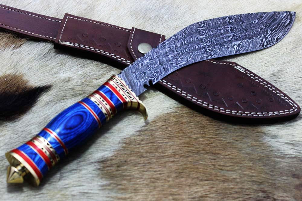 15 Inches long Damascus Steel Kukri Knife, custom made Hand Forged Damascus steel With 10" long blade, Black Bull horn crafted with engraved brass scale, Cow Leather Sheath