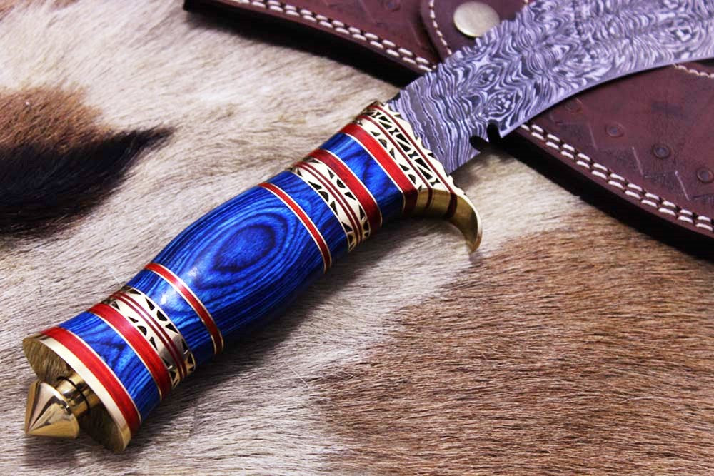 15 Inches long Damascus Steel Kukri Knife, custom made Hand Forged Damascus steel With 10" long blade, Black Bull horn crafted with engraved brass scale, Cow Leather Sheath