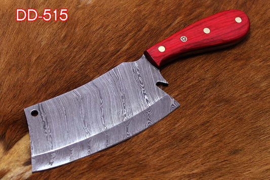 9.5" hand forged Damascus steel butcher Cleaver, Red wood scale chopper knife, Leather sheath included