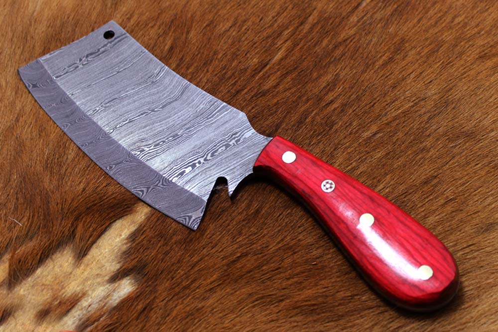 9.5" hand forged Damascus steel butcher Cleaver, Red wood scale chopper knife, Leather sheath included