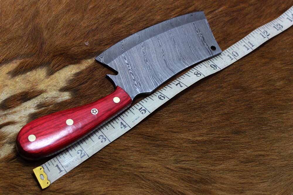 9.5" hand forged Damascus steel butcher Cleaver, Red wood scale chopper knife, Leather sheath included