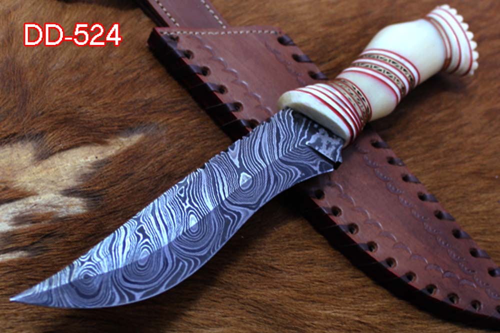 13" Long hand forged Damascus steel skinning knife, Hand carved scale crafted with engraved brass spacer, Available in Camel bone, Walnut wood and bull horn scales, Includes Cow Leather sheath